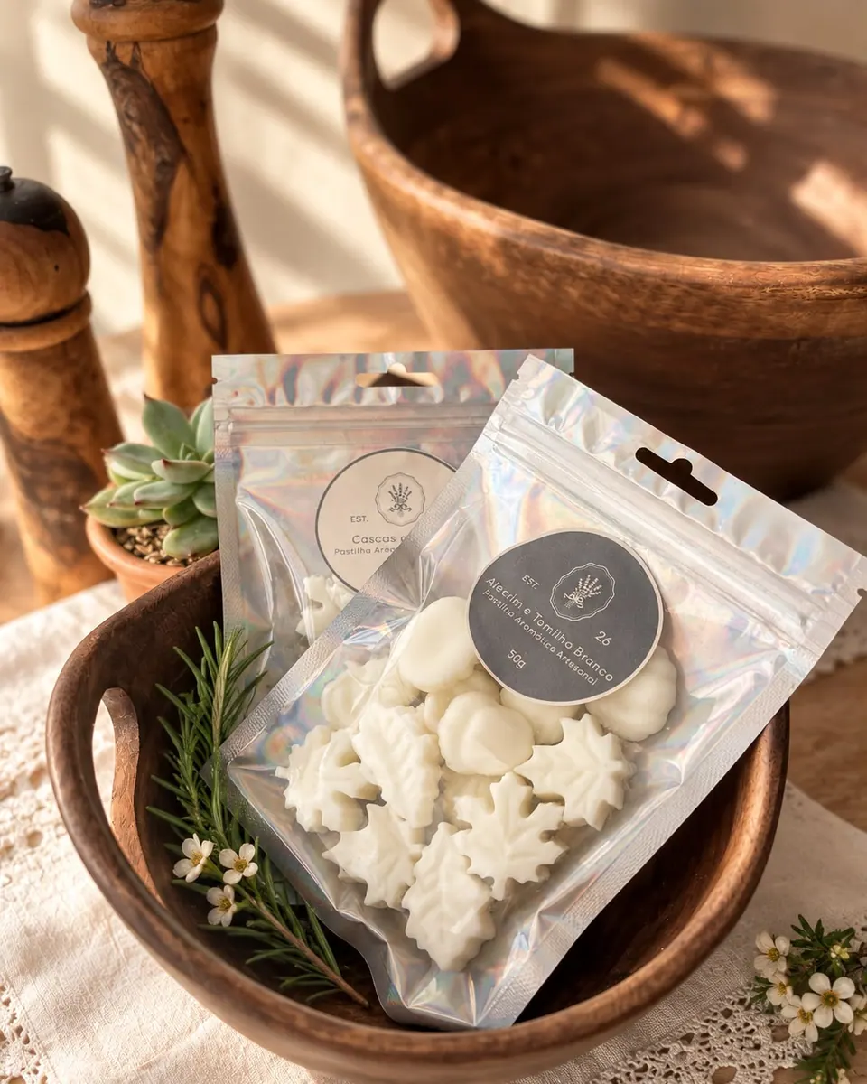 Duas embalagens de pastilhas aromáticas artesanais em uma composição com ervas