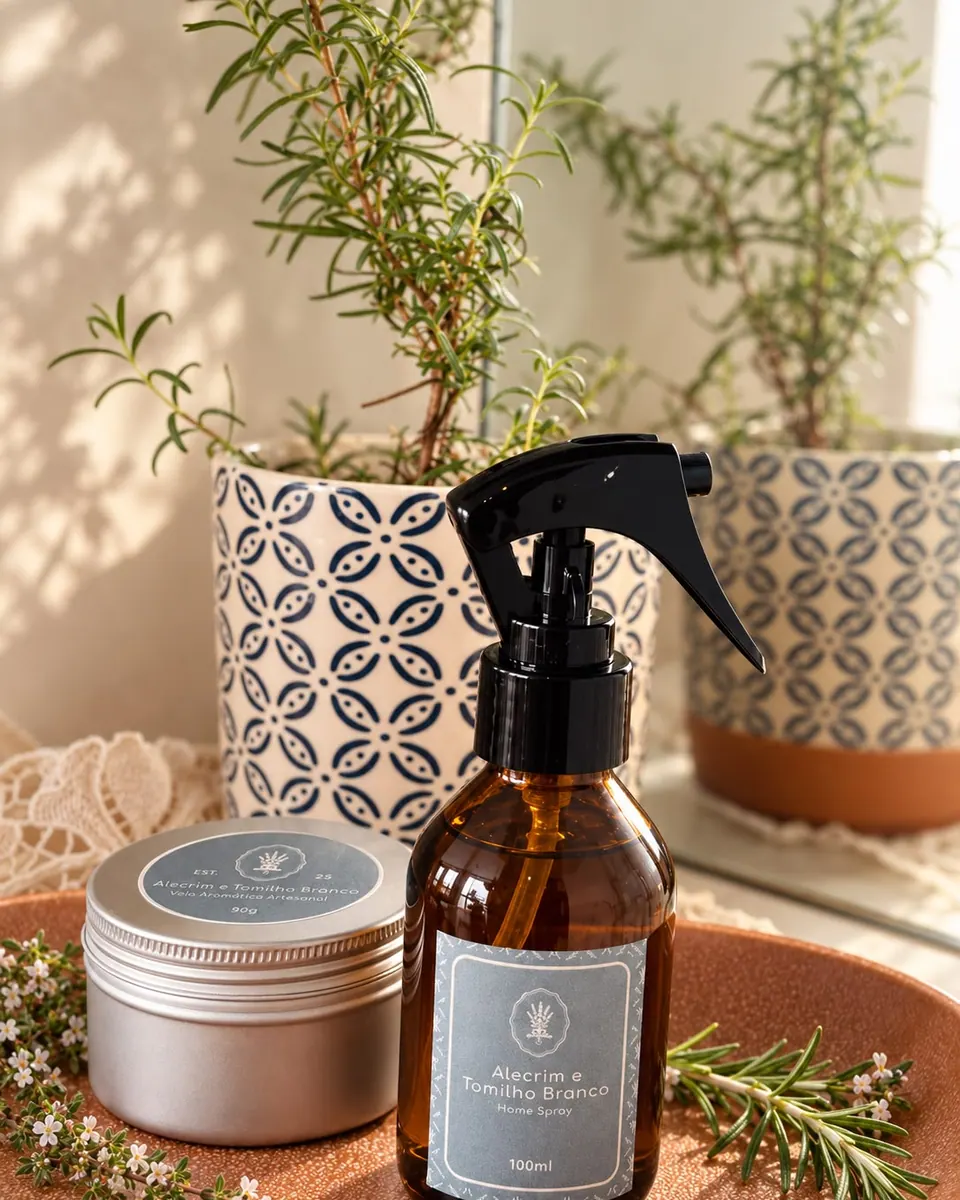 Home spray Alecrim e Tomilho Branco junto a uma vela e ramos de ervas