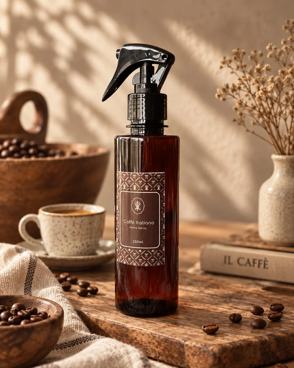 Home spray Caffé Italiano em uma composição com café e madeira