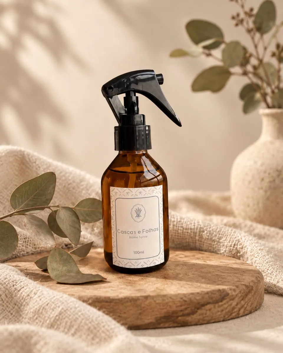 Home spray Cascas e Folhas em frasco âmbar em uma composição com folhas