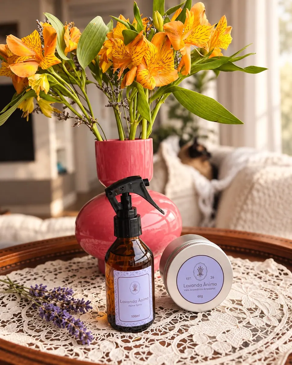Home spray Lavanda Ânima junto a uma vela e flores em tons lilás e laranja