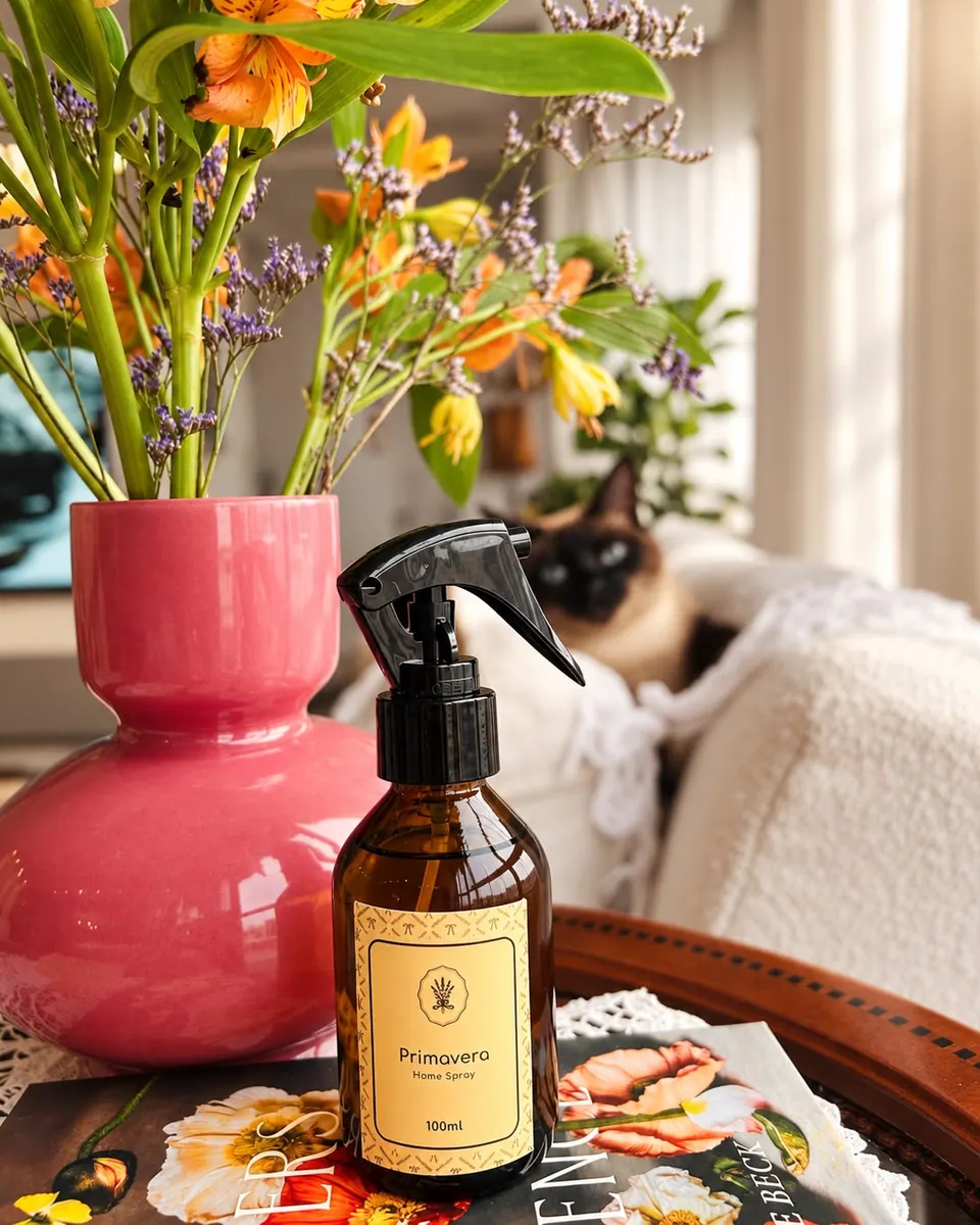 Home spray Primavera diante de um arranjo de flores alaranjadas