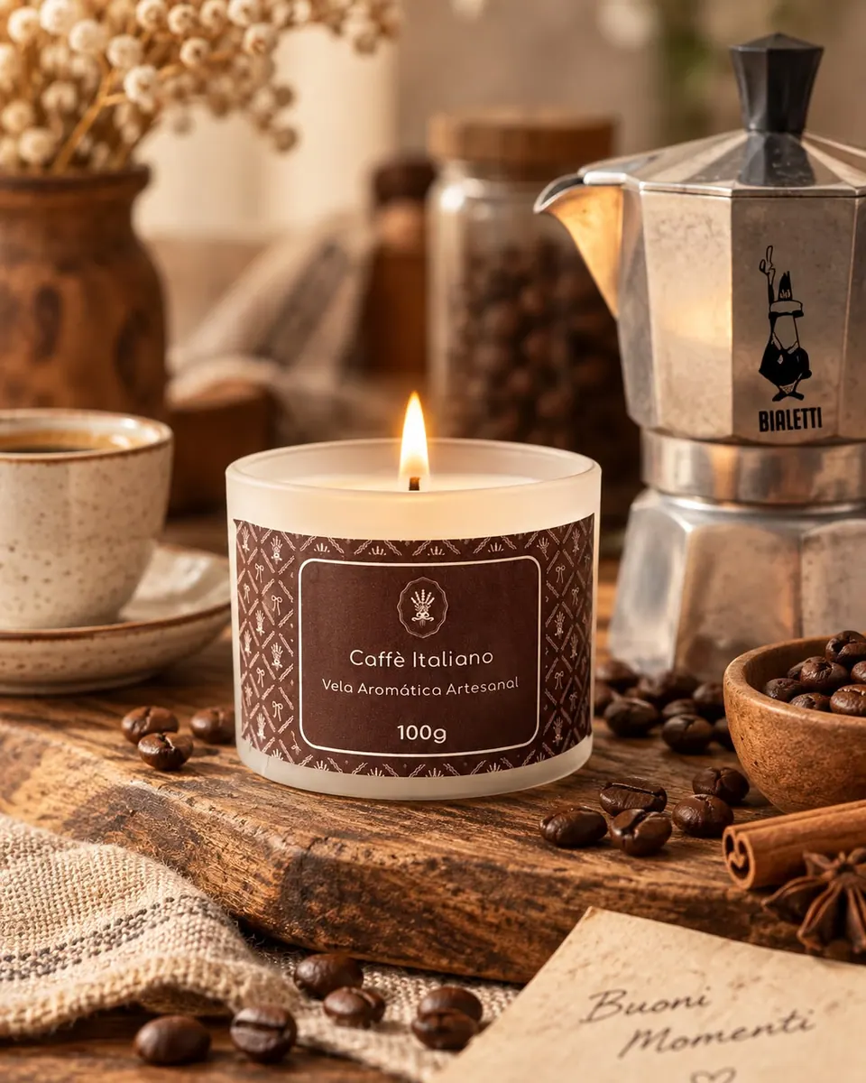 Vela Caffé Italiano acesa junto a uma cafeteira e grãos de café