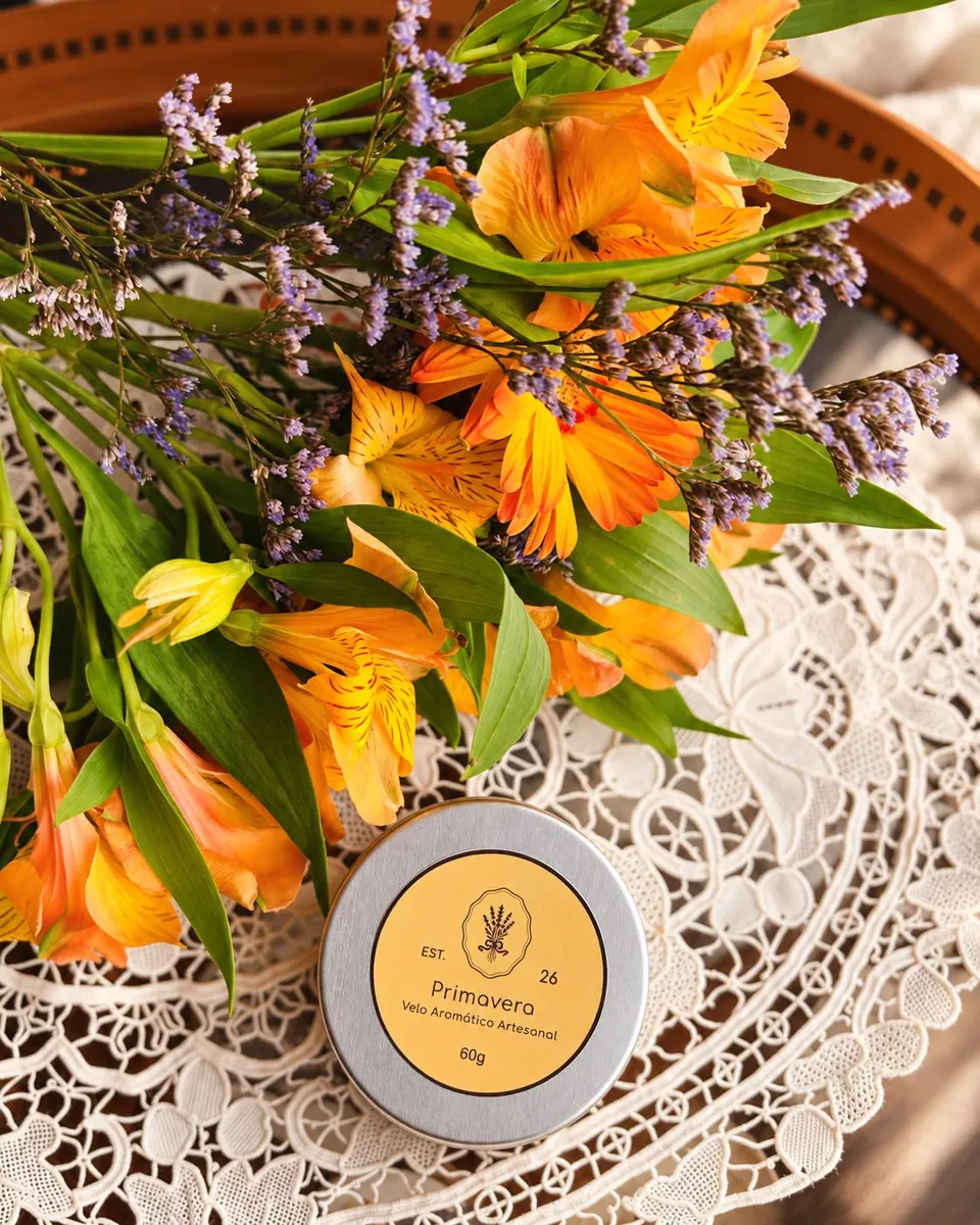 Vela Primavera de 60 g apresentada junto a um buquê de flores alaranjadas